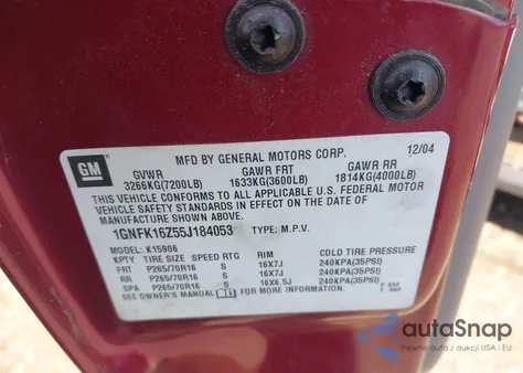 2005 Chevrolet Suburban 1500 Ls z USA, uszkodzony, nr VIN 1GNFK16Z55J184053